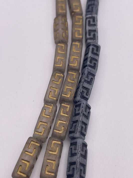 5x14mm Tan Rectangle Pattern Czech Bead Strand