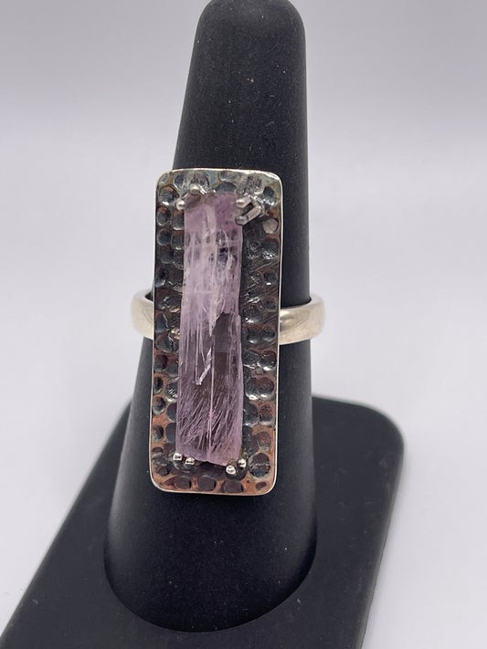 Kunzite Rough Hammered Statement Sterling Silver Ring Size 7