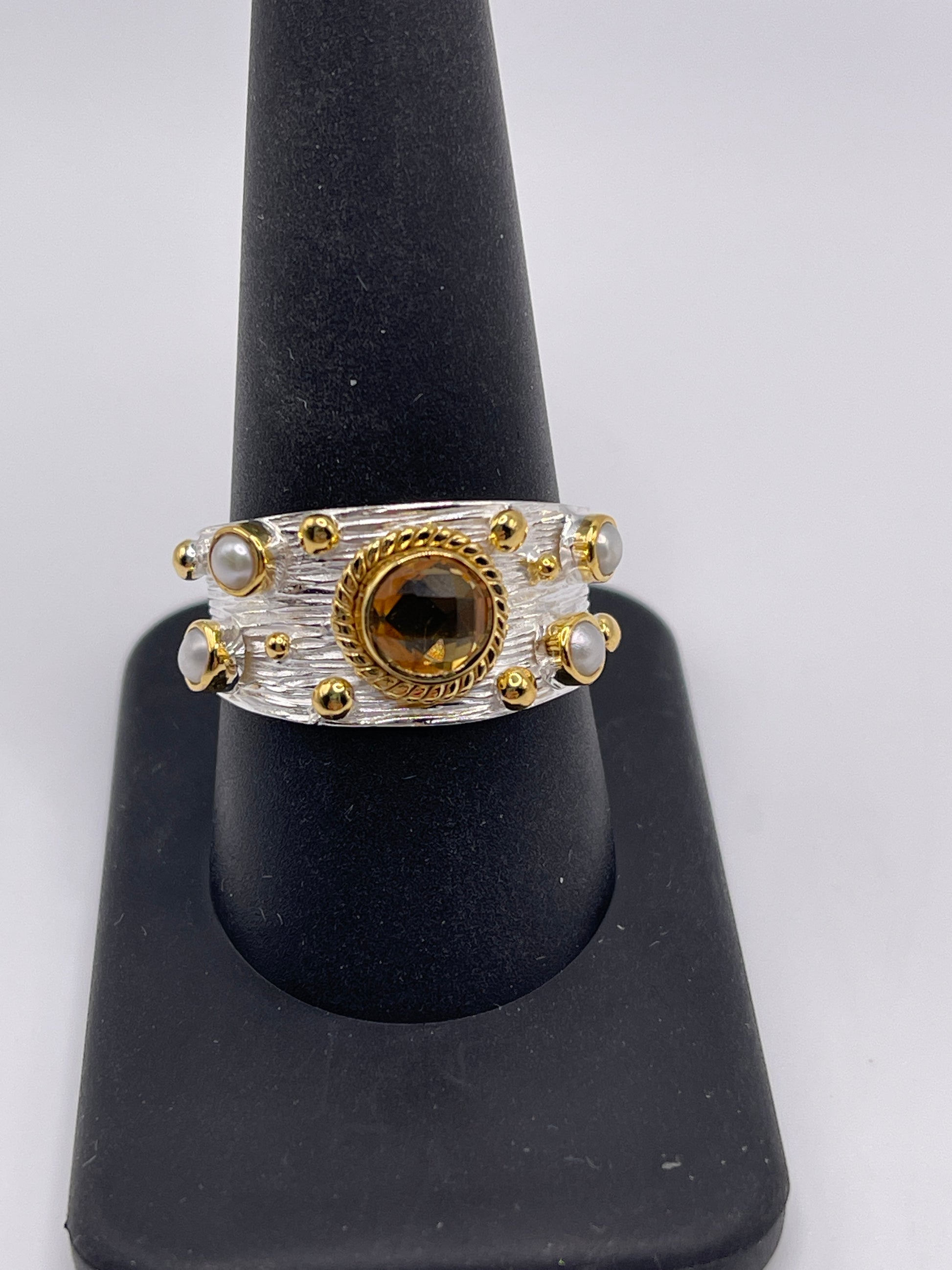 Citrine and Pearl Designer Sterling Silver Band Size 10