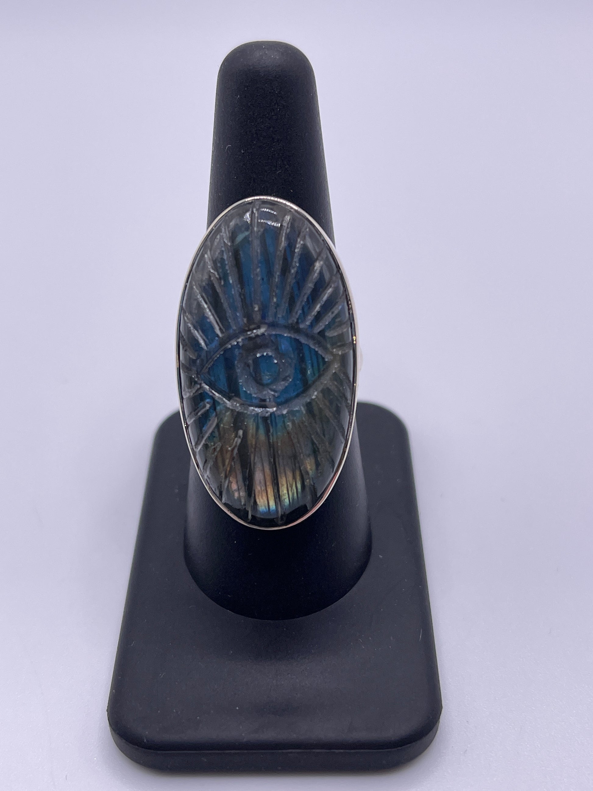 Labradorite Carved Eye Sterling Silver Oval Ring