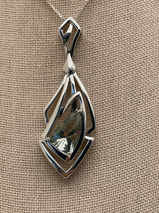 Faceted Green Amethyst Triple Triangle Sterling Silver Pendant