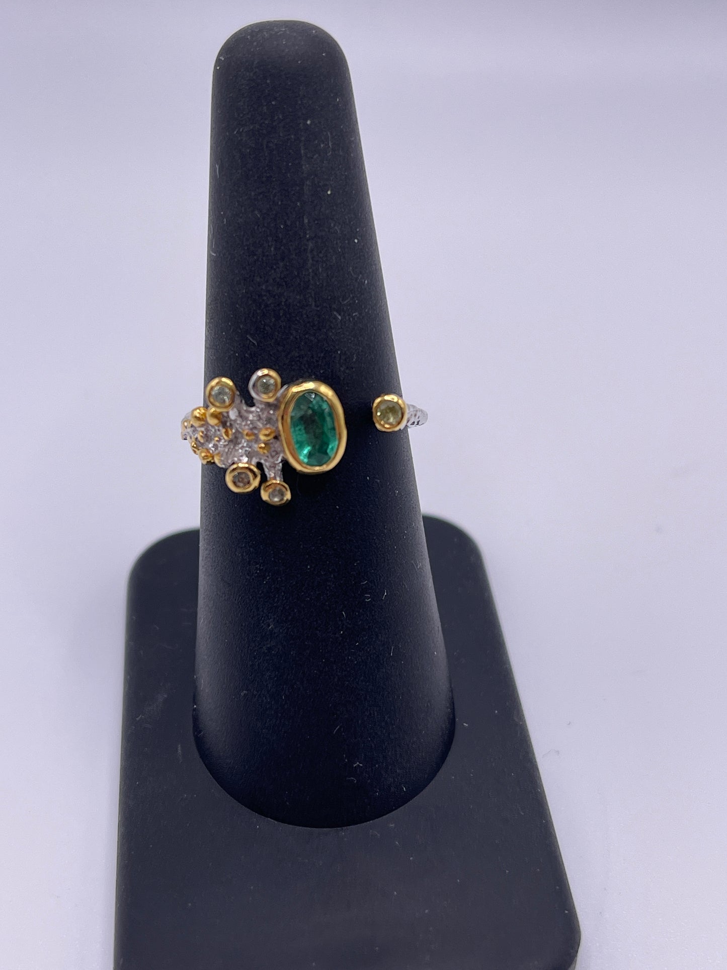 Emerald Oval, Sapphire, and Peridot Designer Sterling Silver Vermeil Ring Size 7