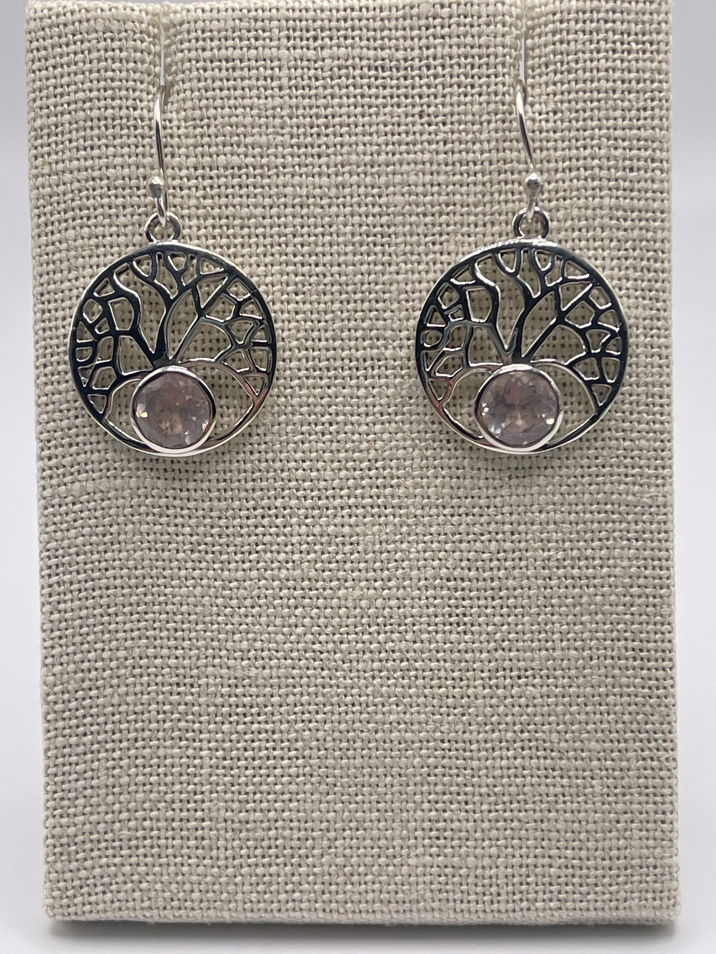 Rose Quartz Faceted Tree of Life Sterling Silver Earrings