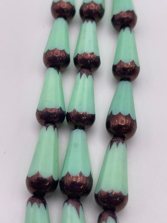 8mm Opaque Teal & Brown Pear Czech Bead Strand