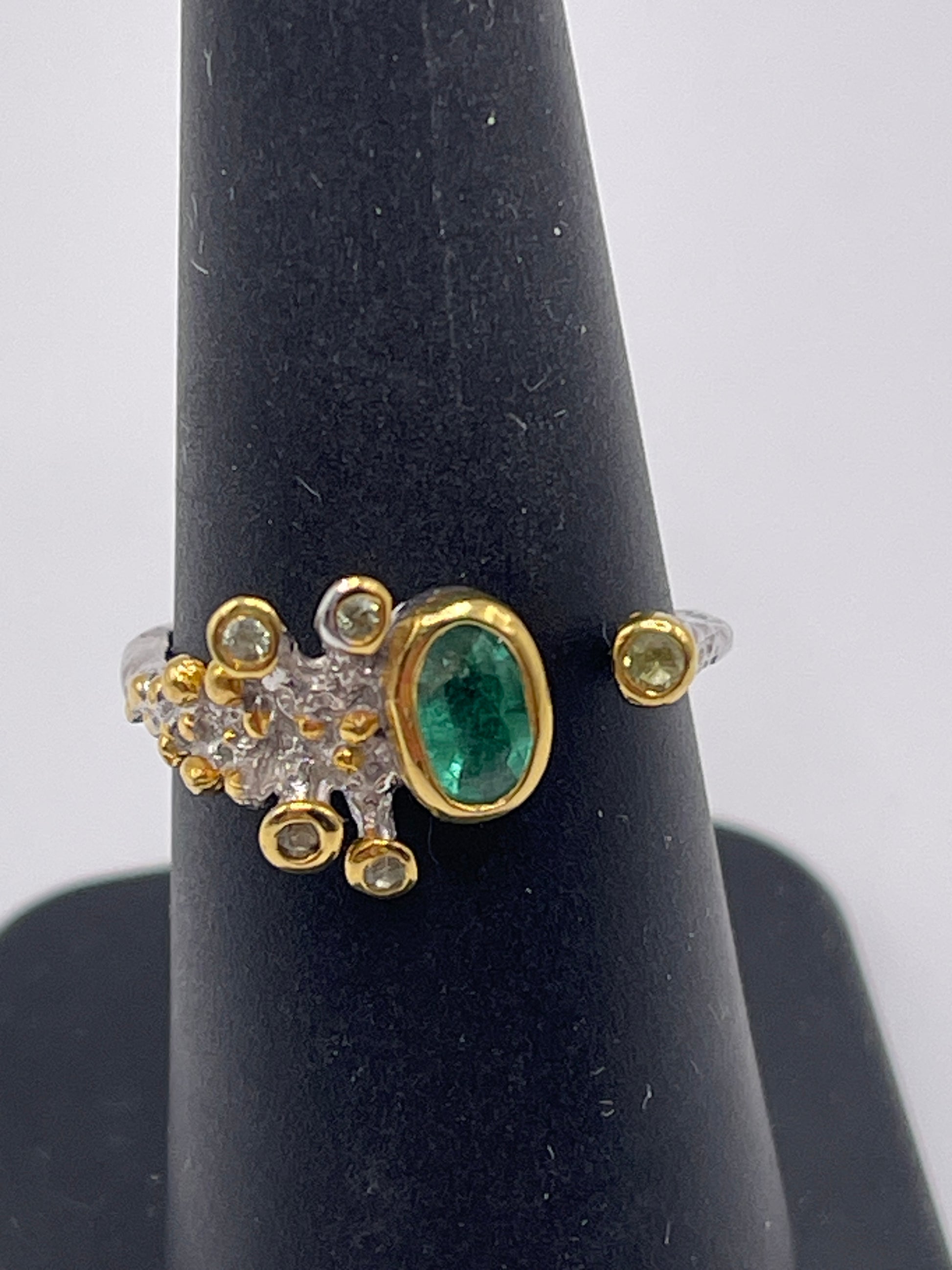 Emerald Oval, Sapphire, and Peridot Designer Sterling Silver Vermeil Ring Size 7