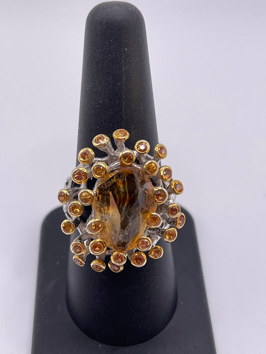 Rough Citrine with Sapphires Sterling Silver Rhodium Ring Size 8