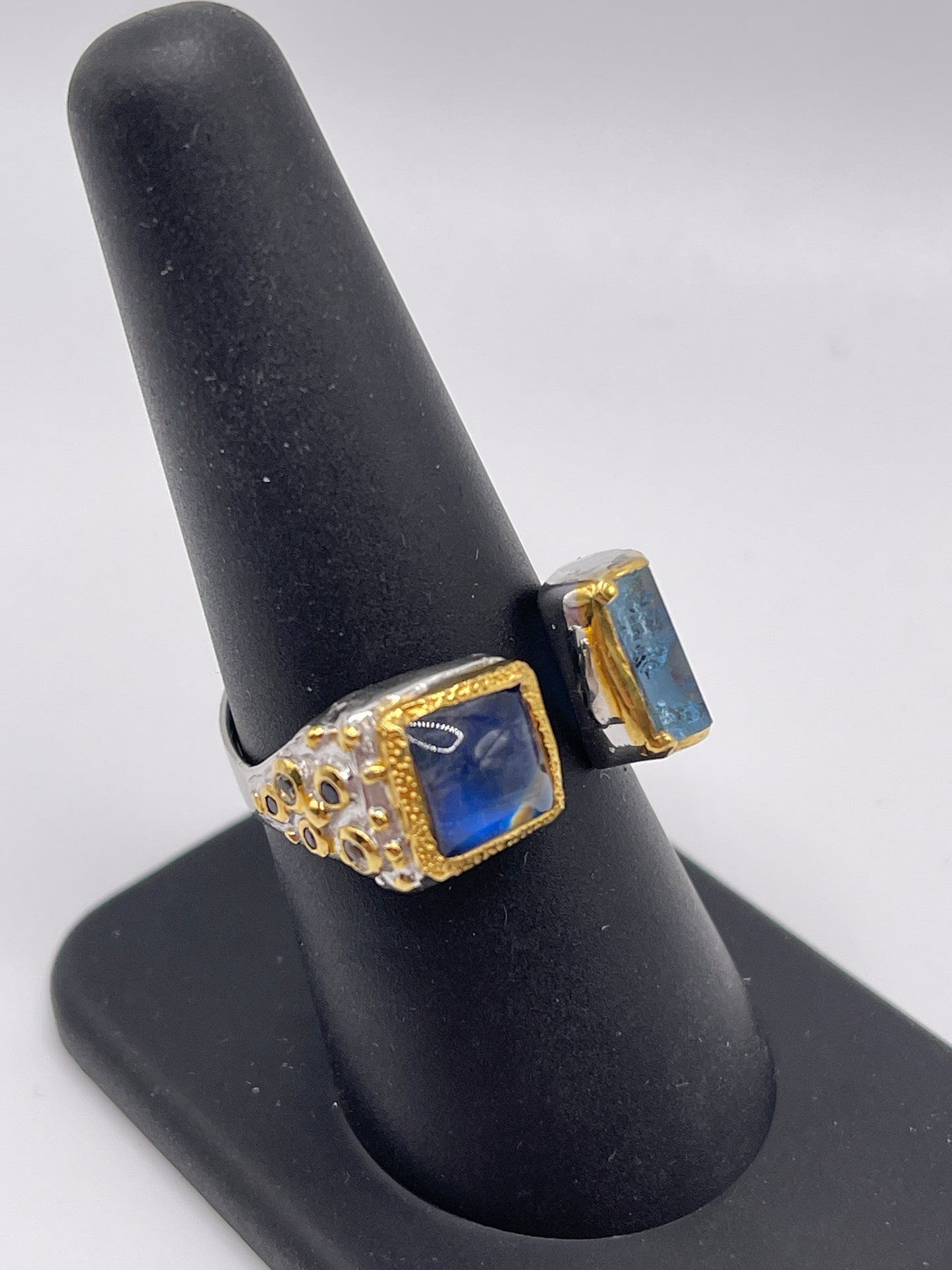 Spectrolite and Aquamarine, Blue Topaz,Blue Sapphire Sterling Silver Vermeil Open Ring Sz8