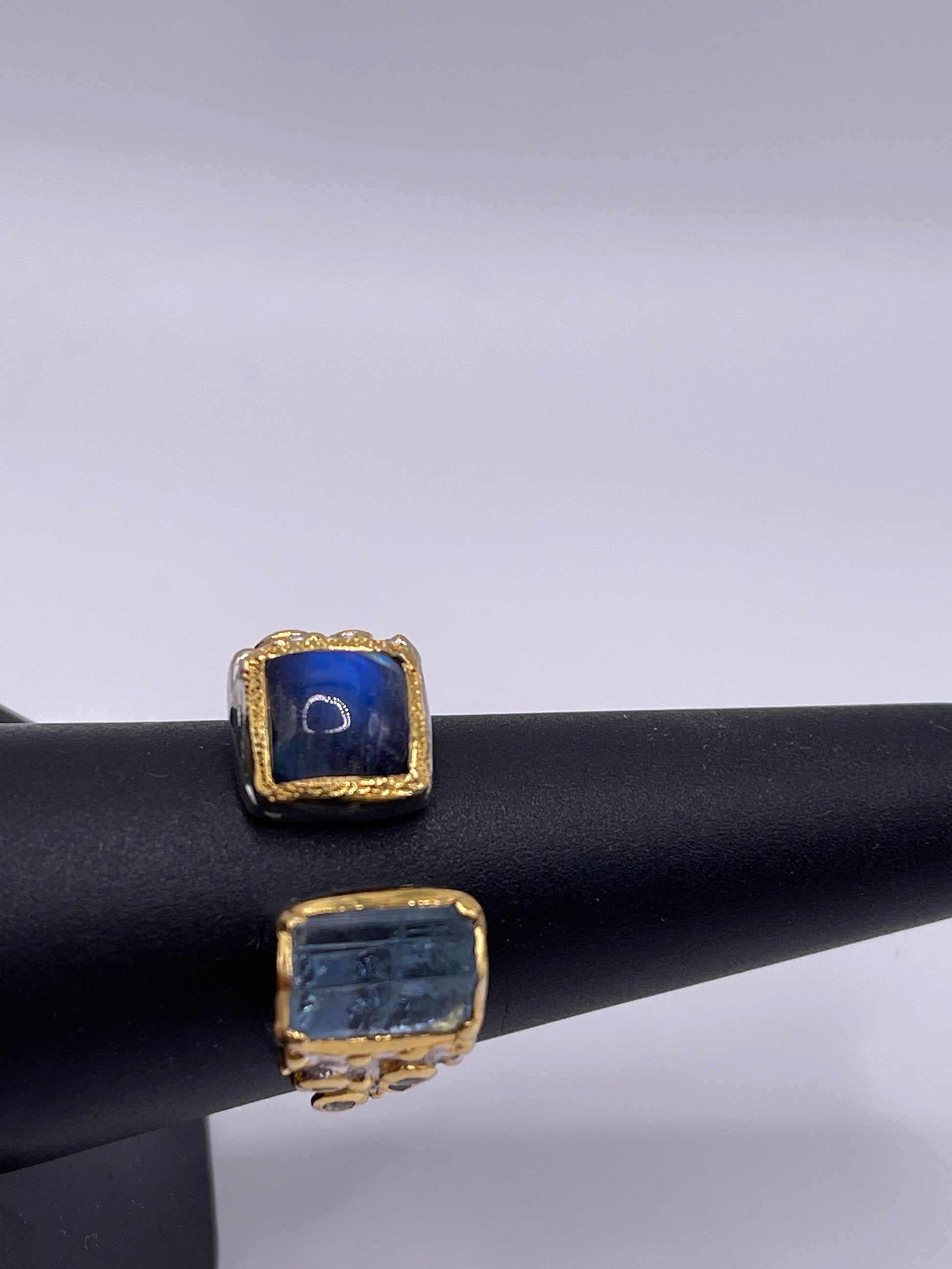 Spectrolite and Aquamarine, Blue Topaz,Blue Sapphire Sterling Silver Vermeil Open Ring Sz8