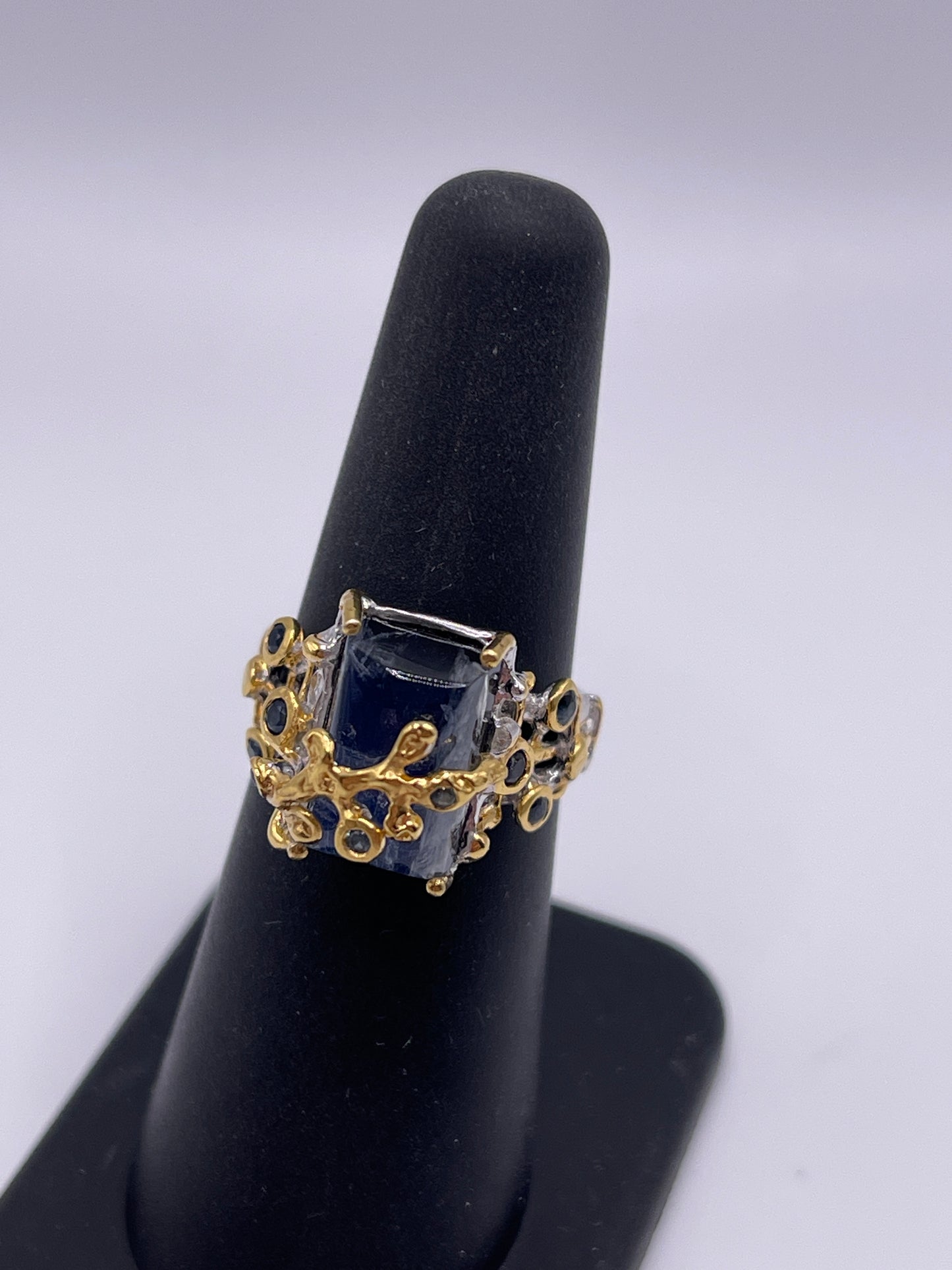 Spectrolite Emerald Cut in Sapphire Oraganic Design Sterling Silver Vermeil Ring Size 6