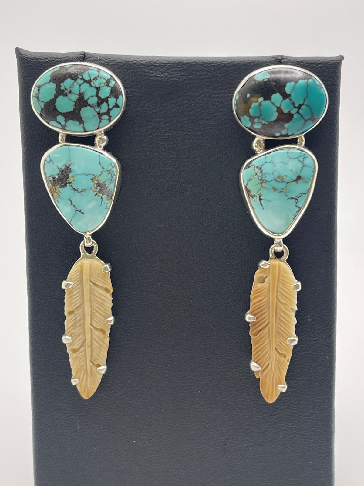 Kingman Turquoise and fossilized Ivory Feather Sterling Silver Earrings