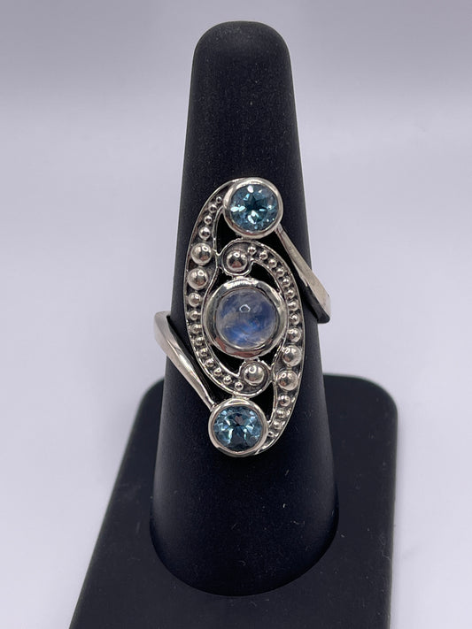 Moonstone and Blue Topaz Inner Dot Sterling Silver Ring Size 8