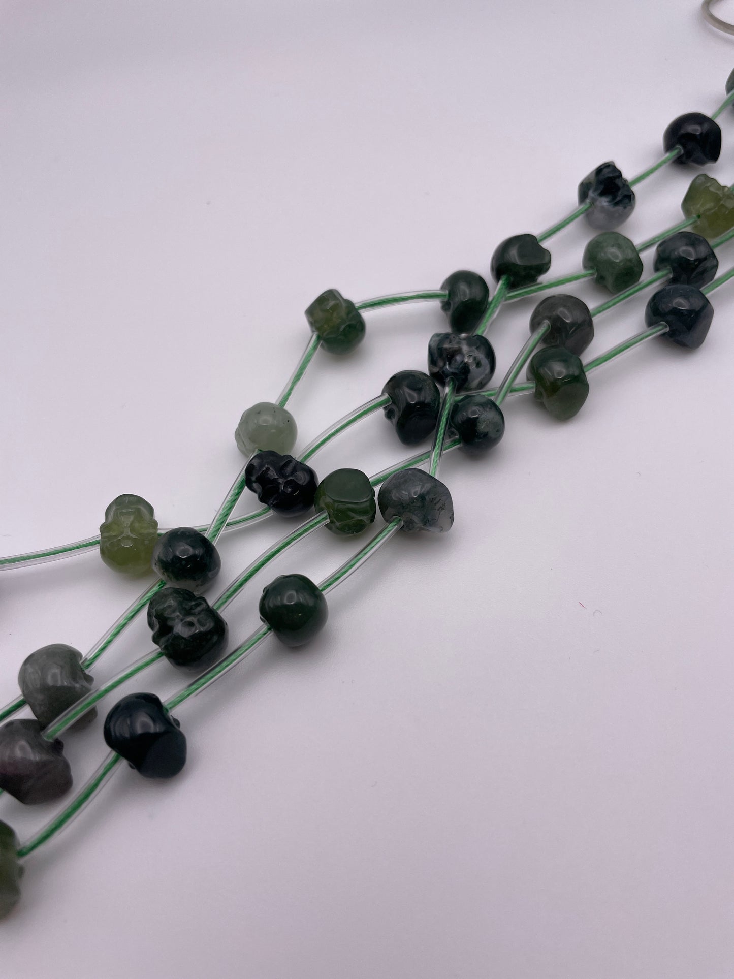 8mm Moss Agate Skull Beads Horizontal Drill