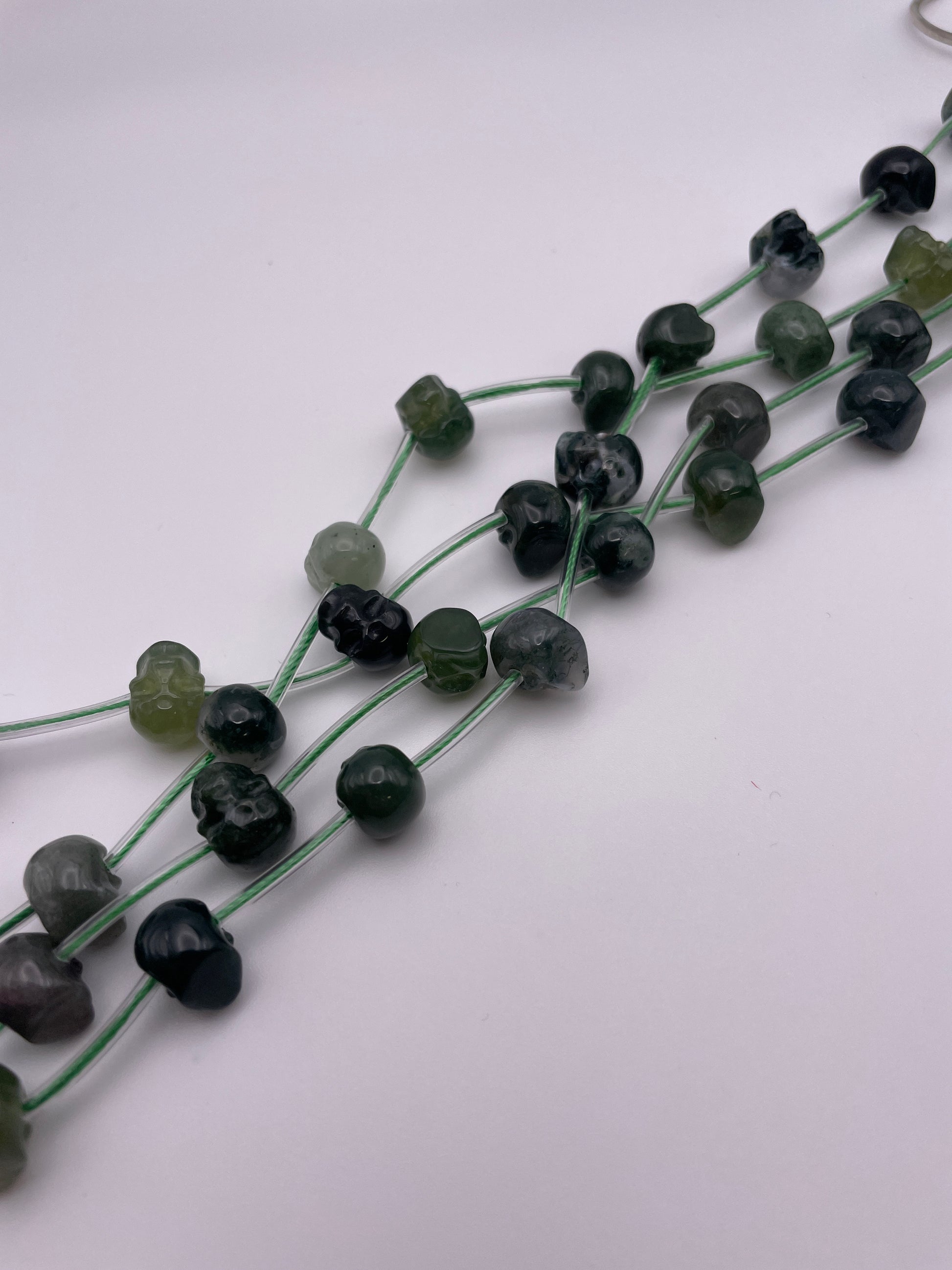 8mm Moss Agate Skull Beads Horizontal Drill