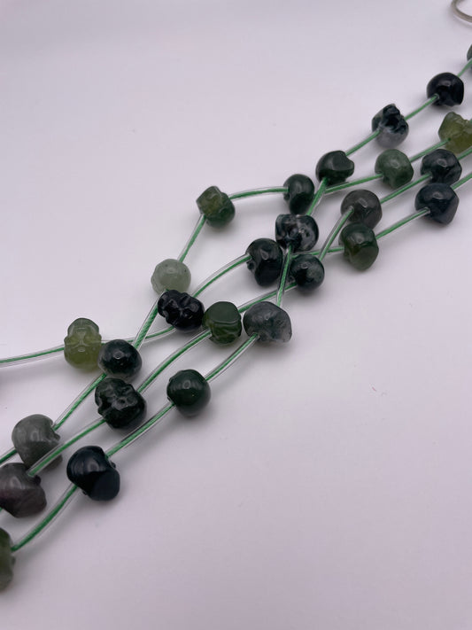 8mm Moss Agate Skull Beads Horizontal Drill