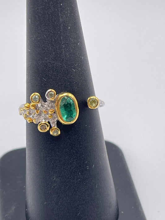 Emerald Oval, Sapphire, and Peridot Designer Sterling Silver Vermeil Ring Size 7