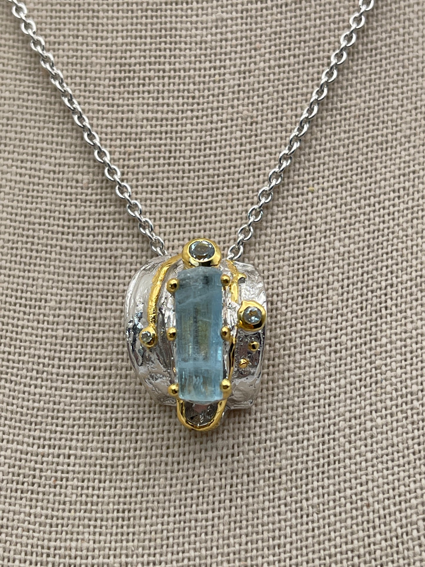 Rough Aquamarine and Blue Topaz Earrings and Necklace Set Sterling Silver with Vermeil