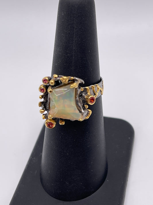 Ethiopian Opal and Orange Sapphire Sterling Silver Vermeil Ring Size 6