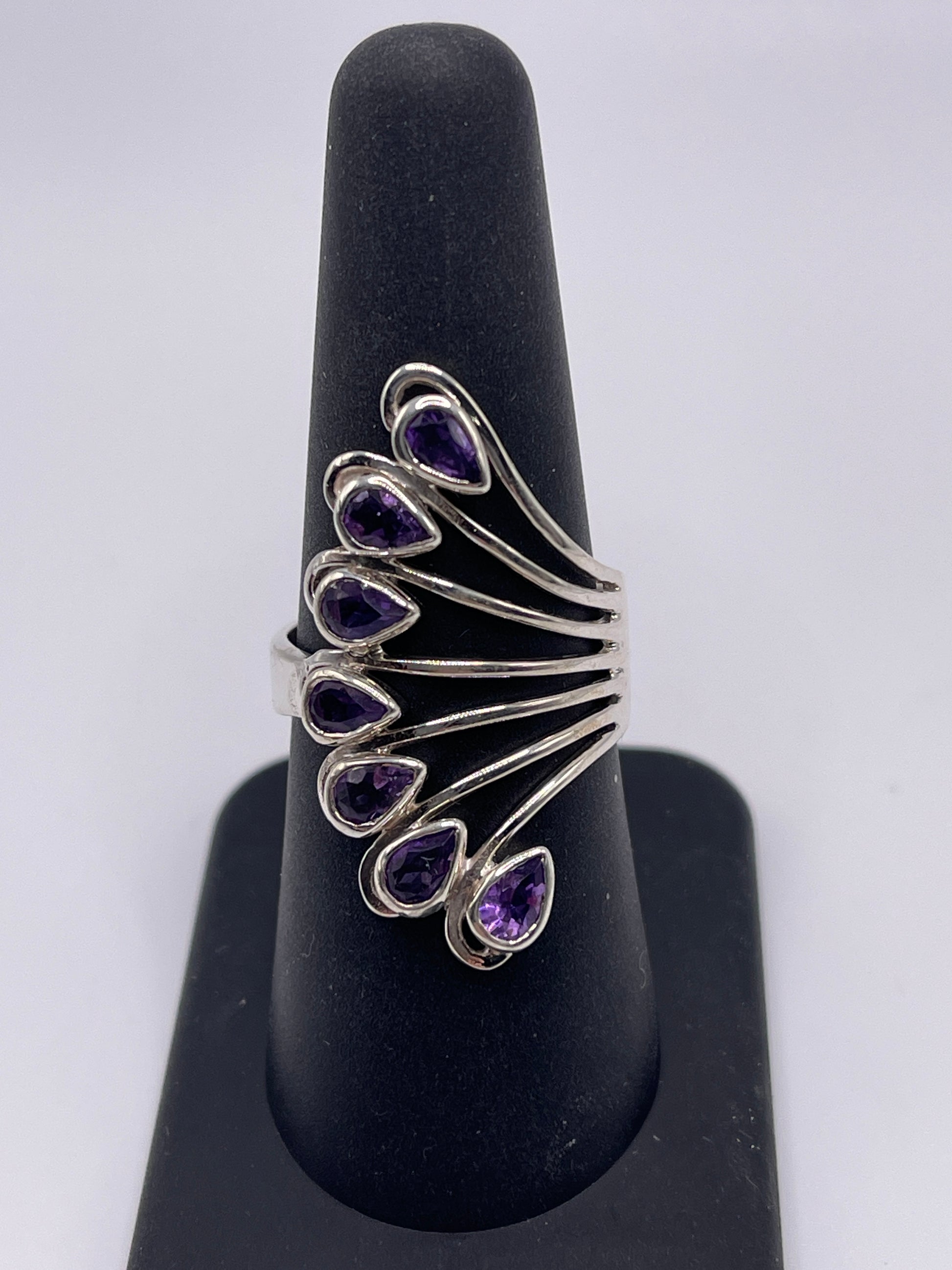 Amethyst Fan Sterling Silver Ring Size 8