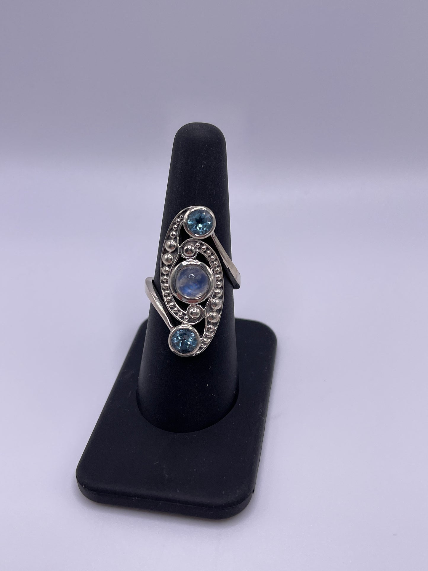 Moonstone and Blue Topaz Inner Dot Sterling Silver Ring Size 8