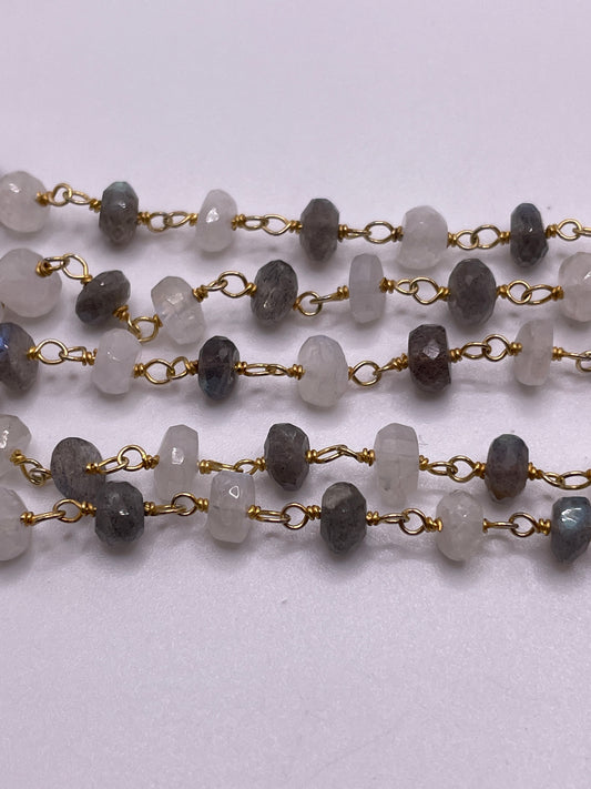 8mm Moonstone & Labradorite Gold Plated Chain Per Foot