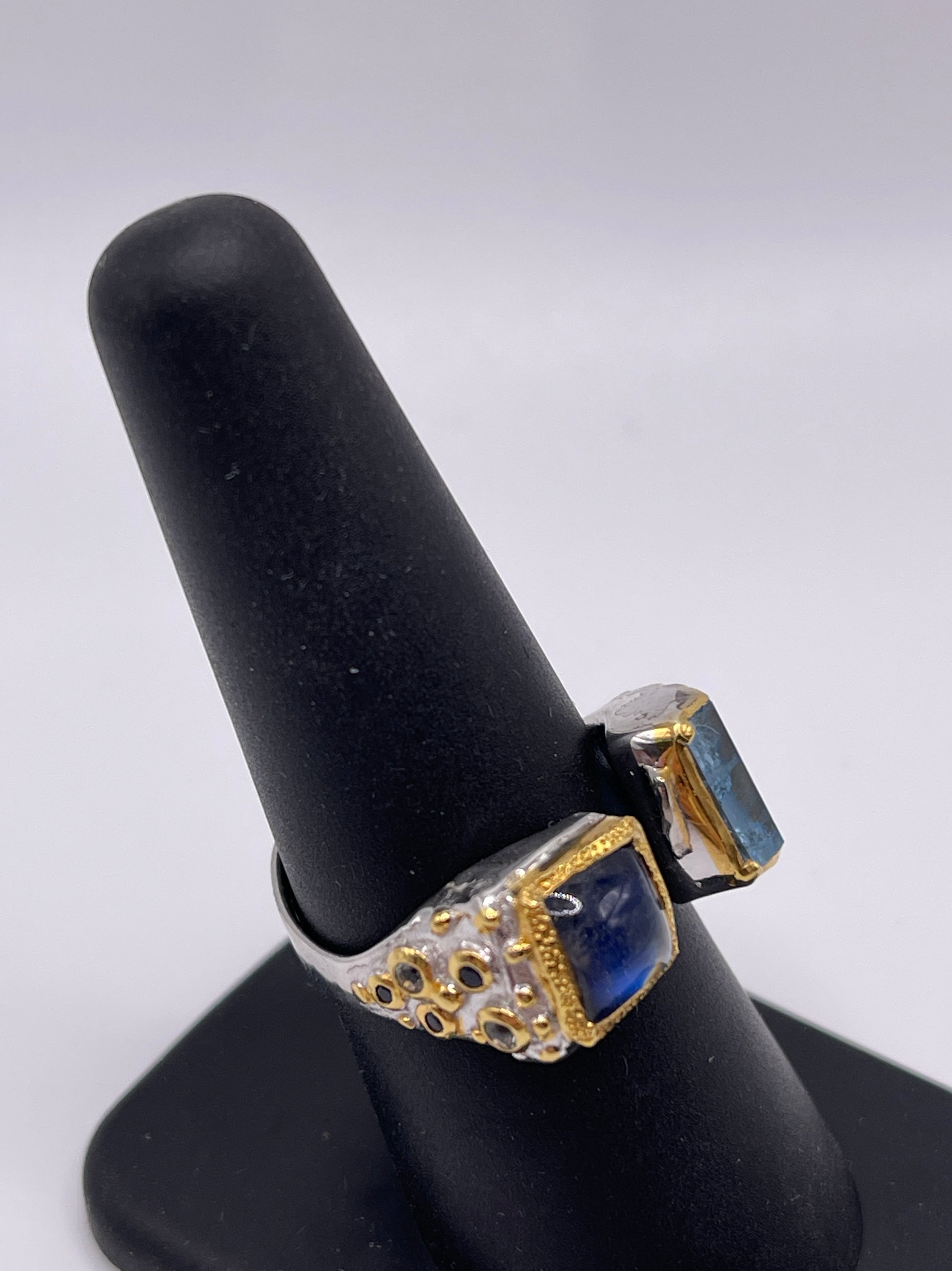 Spectrolite and Aquamarine, Blue Topaz,Blue Sapphire Sterling Silver Vermeil Open Ring Sz8