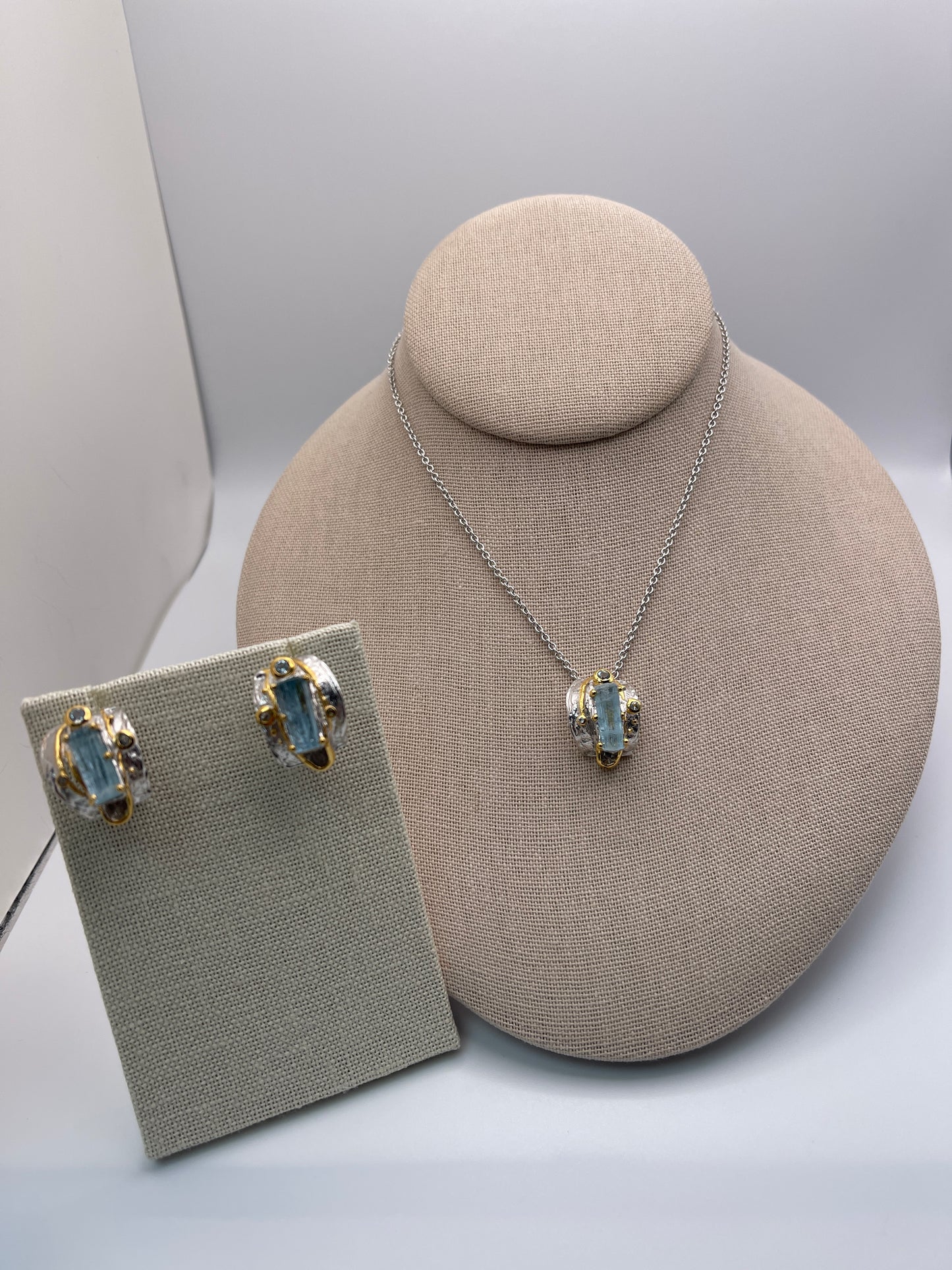 Rough Aquamarine and Blue Topaz Earrings and Necklace Set Sterling Silver with Vermeil