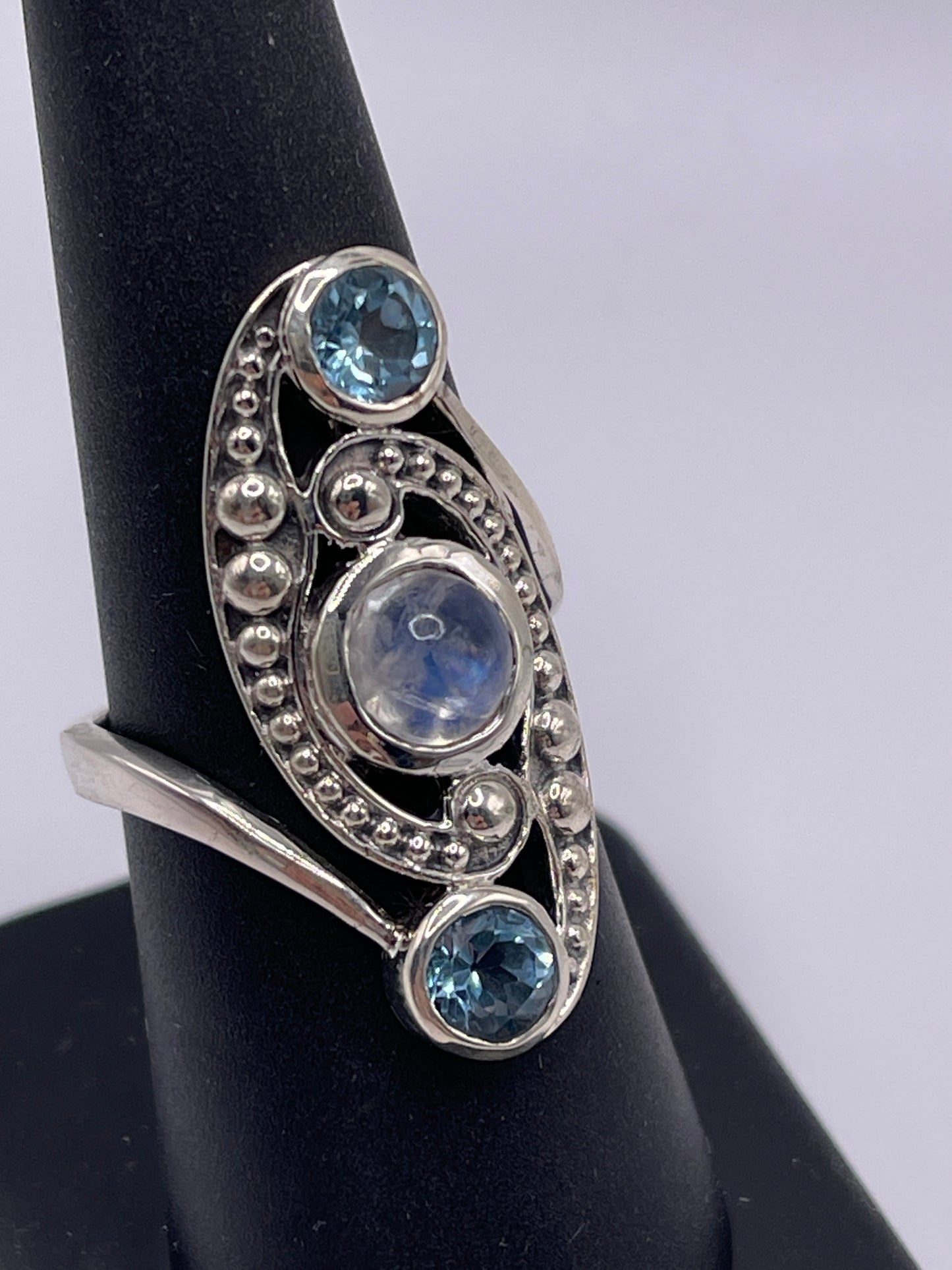 Moonstone and Blue Topaz Inner Dot Sterling Silver Ring Size 8