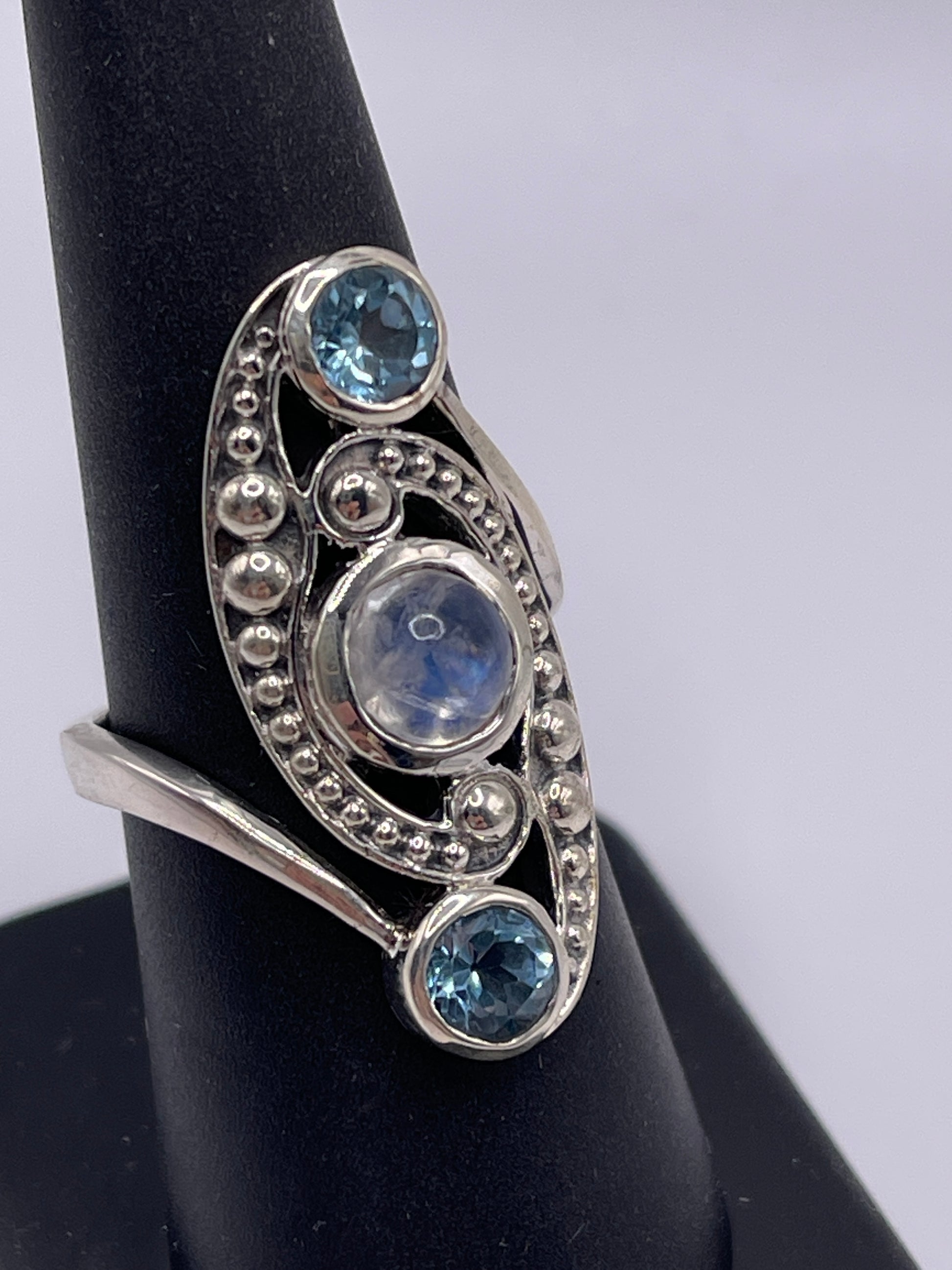 Moonstone and Blue Topaz Inner Dot Sterling Silver Ring Size 8