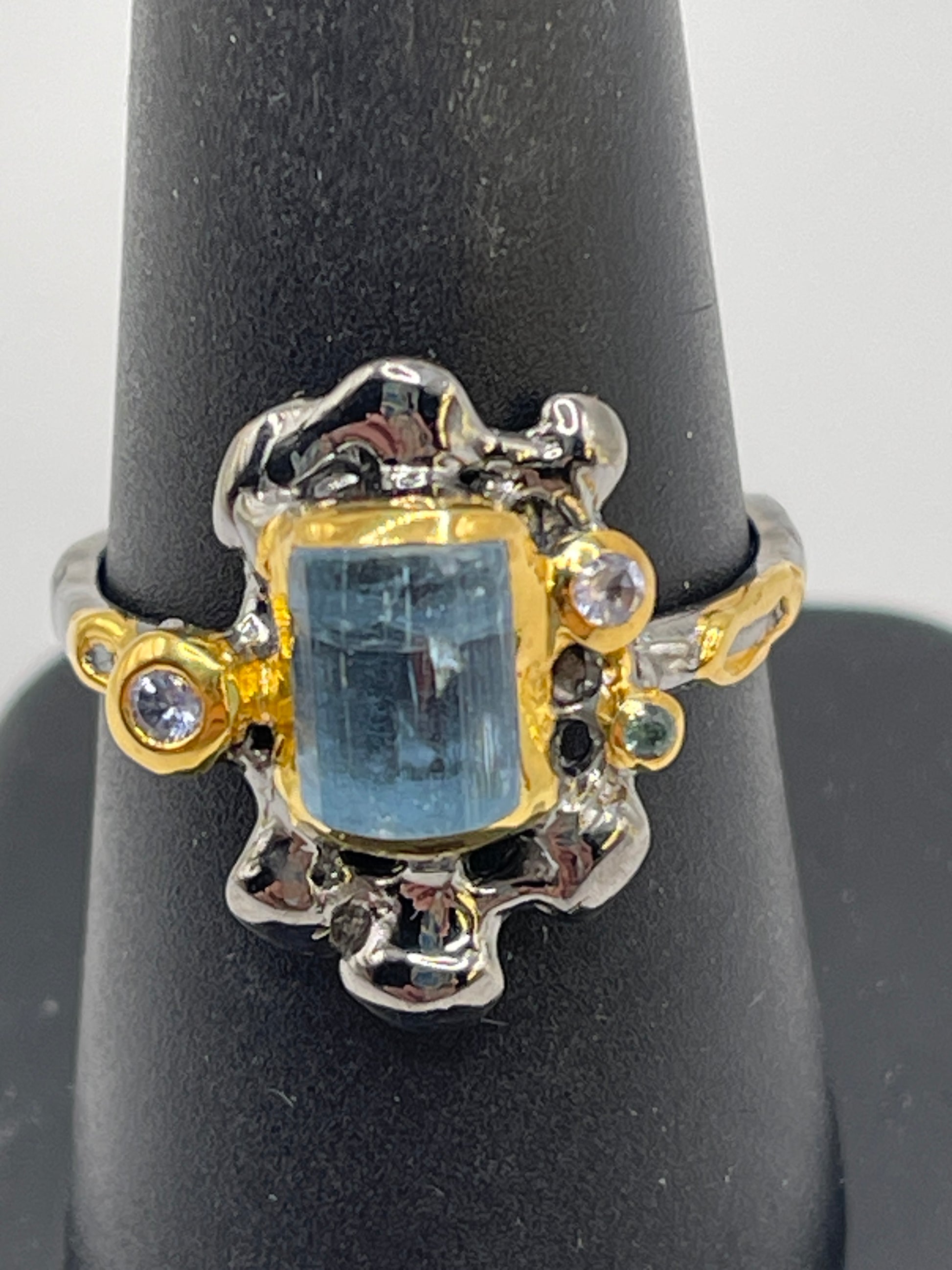 Aquamarine Rough with Tanzanite, Blue Sapphire Sterling Silver Vermeil Drip Ring size 7.5