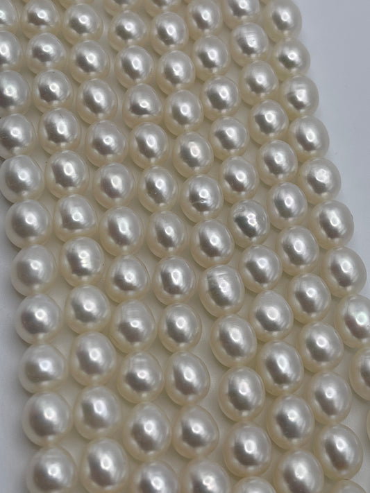 A close-up view of multiple rows of 7.5-8mm white rice pearls reveals their uniformly round shape and smooth, glossy surface. The pearls are meticulously arranged, creating a patterned, textured appearance that showcases their shimmering beauty.