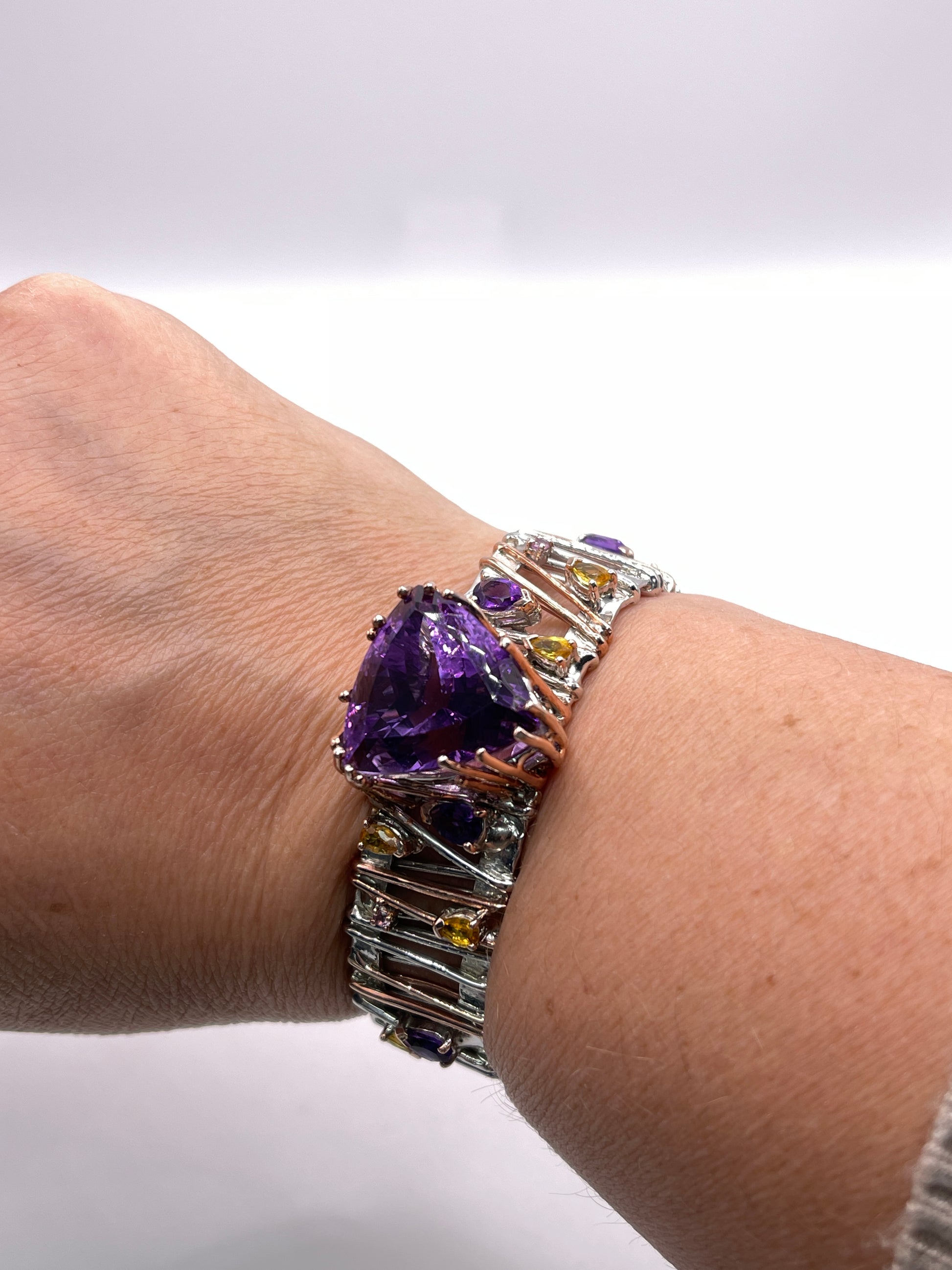 Amethyst and Sapphire Designer Bangle Sterling Silver and Vermeil