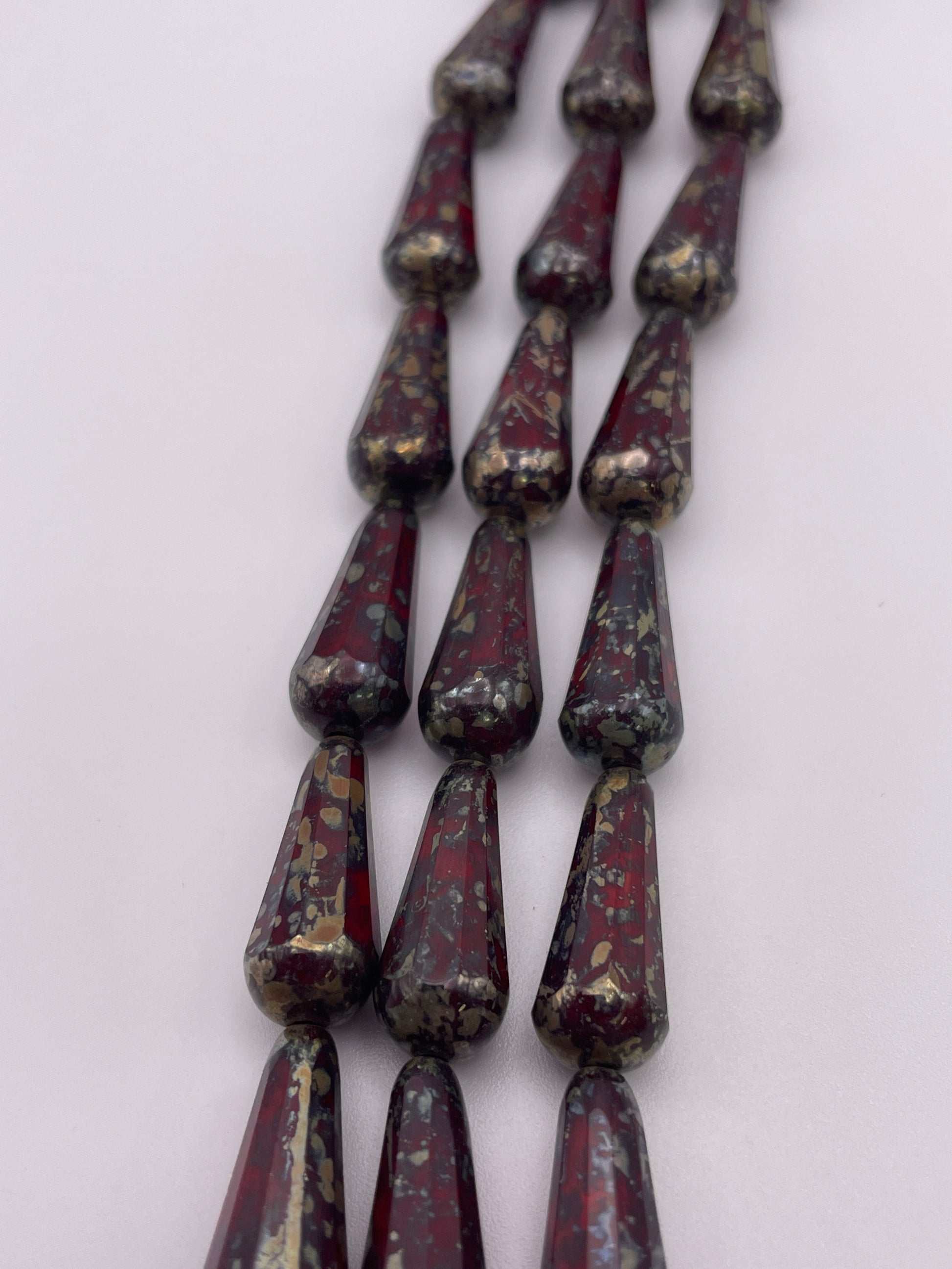 8mm Red & Gold Splatter Pear Czech Bead Strand