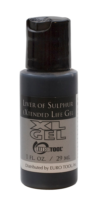 A 1-ounce bottle of Liver of Sulfur by Eurotool, featuring a black design with a white label displaying the product name and company logo.