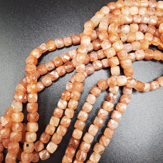 6mm Sunstone Cubed Square Faceted Bead Strand