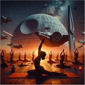 As the sun sets, participants immerse themselves in mindfulness on a wooden floor during A Star Wars Inspired Yoga Class. Against the backdrop of a starry sky, a massive space station and an array of fictional spacecraft hover, evoking scenes reminiscent of Star Wars.