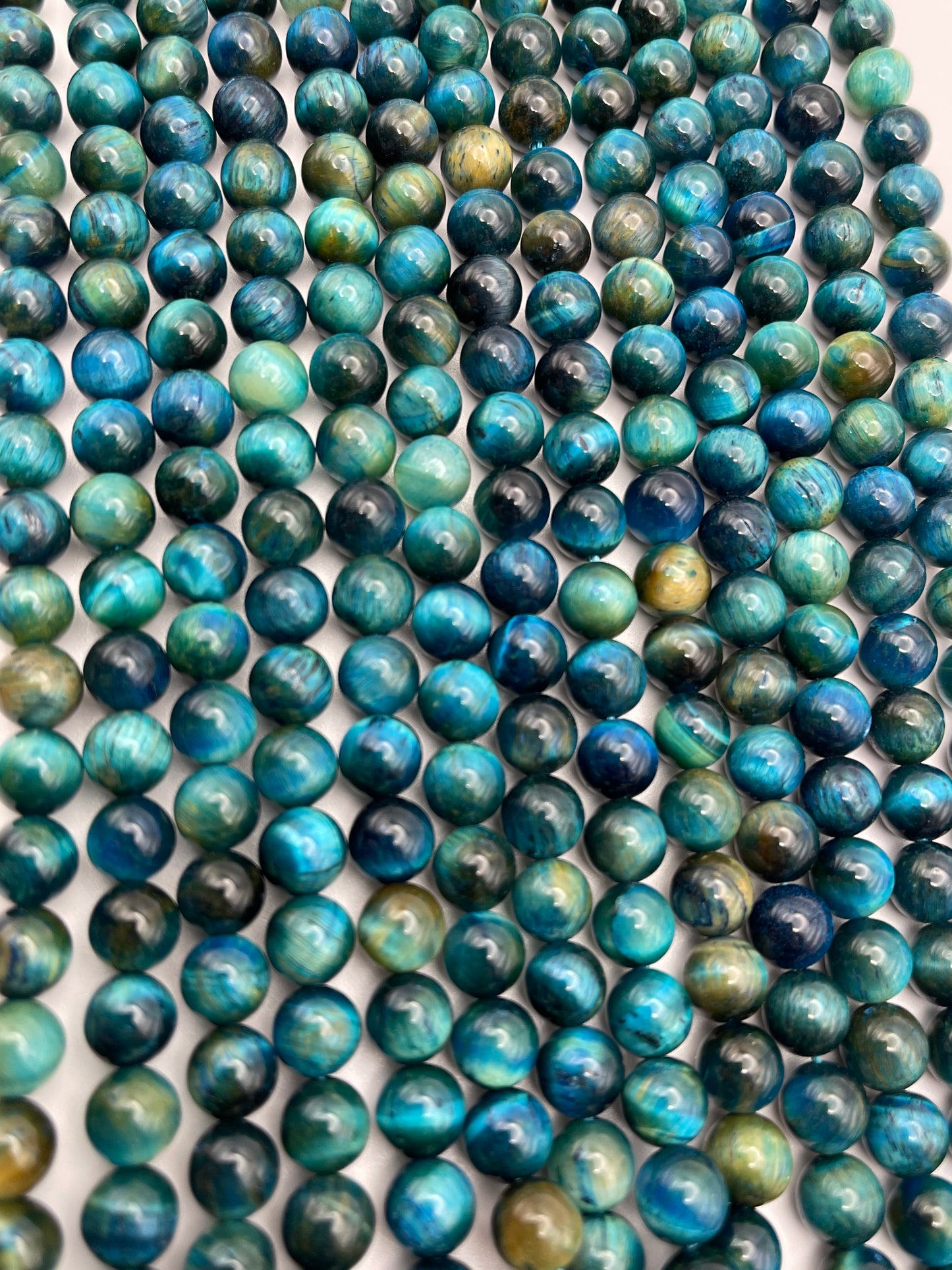 8mm Blue Tigers Eye Teal Dyed Round Smooth Bead Strand.