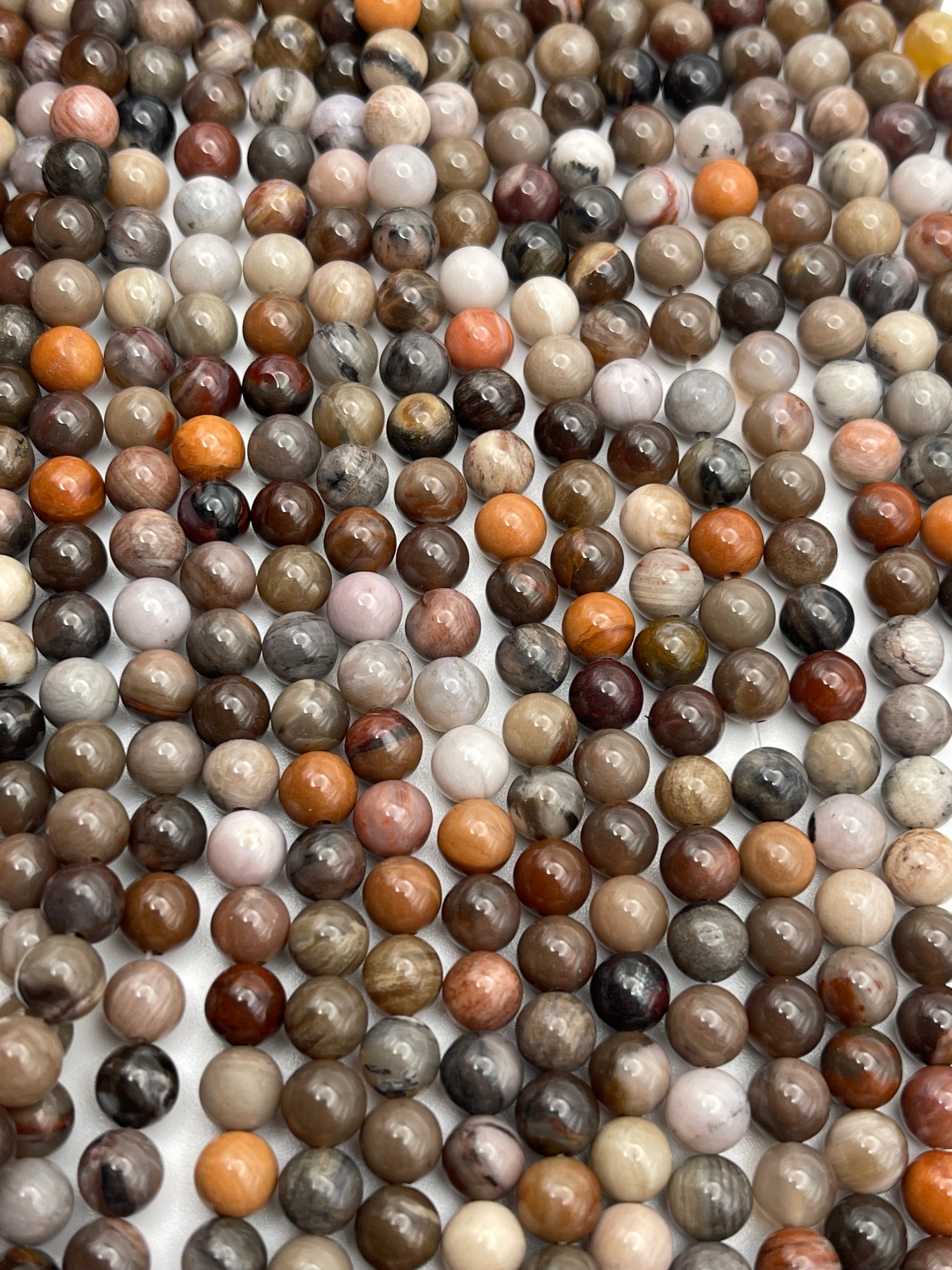 A collection of 6mm Round Petrified Wood beads in various earthy tones, including shades of brown, beige, gray, white, and red. The beads are arranged closely together, creating a textured pattern on a flat surface.